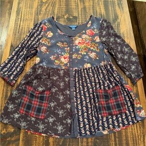 April Cornell Navy Patchwork Tunic with Red Plaid Pockets